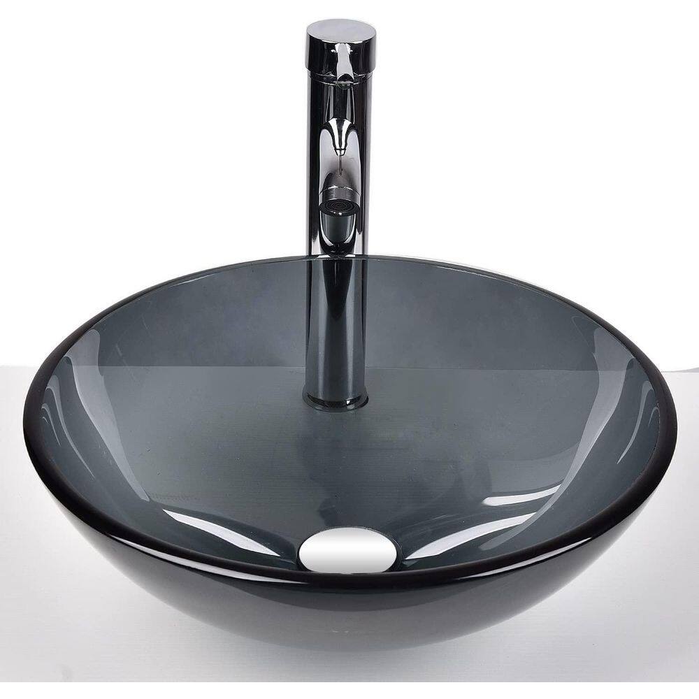 Bluish Grey Glass Bathroom Vanity Sink Round Bowl Vessel Sink with Pop ...