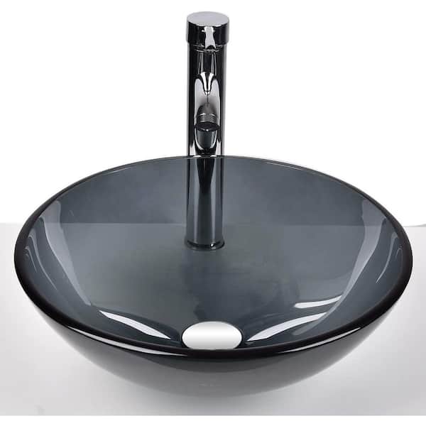 Bluish Grey Glass Bathroom Vanity Sink Round Bowl Vessel Sink with Pop