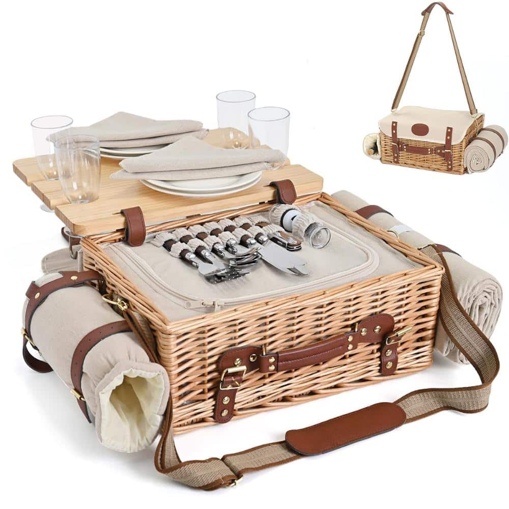 21L Wicker Picnic Basket Set for 4 with Table and Blanket Natural 32 Piece price history on PriceWatchPro