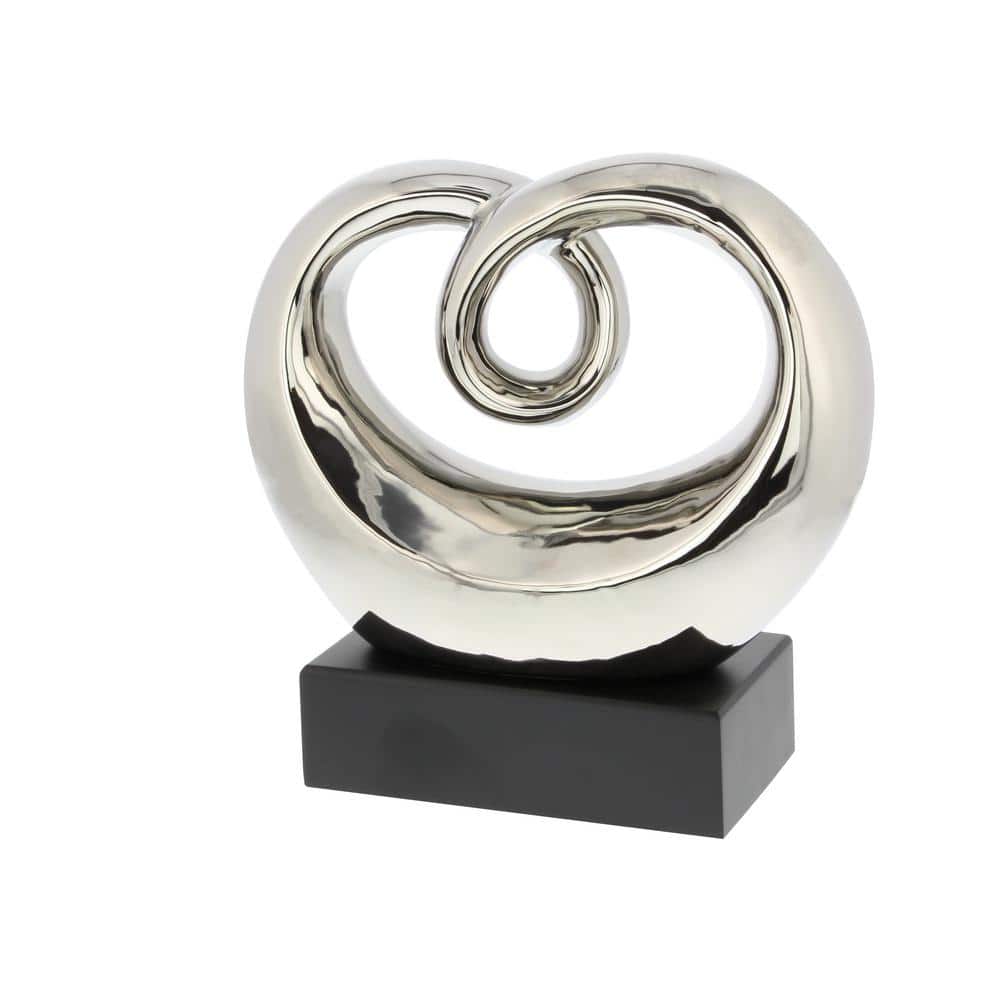 Elegant Silver Swirl 13" Ceramic Abstract Statue with Black Base