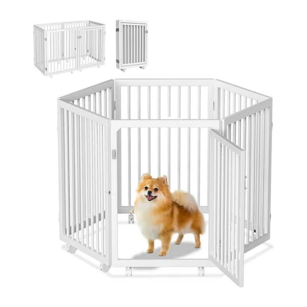 BOZTIY Wooden Dog Gate with Wheels and Door Dog Playpen 6-Panel Portable Exercise Fence 30 in. High Pet Fence