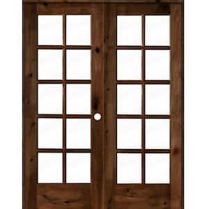 56 in. x 80 in. Knotty Alder Left-Handed 10-Lite Clear Glass Provincial Stain Wood Double Prehung French Door