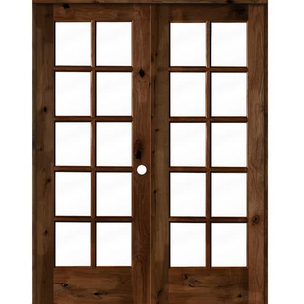 Krosswood Doors 60 in. x 80 in. Knotty Alder Left-Handed 10-Lite Clear Glass Provincial Stain Wood Double Prehung French Door