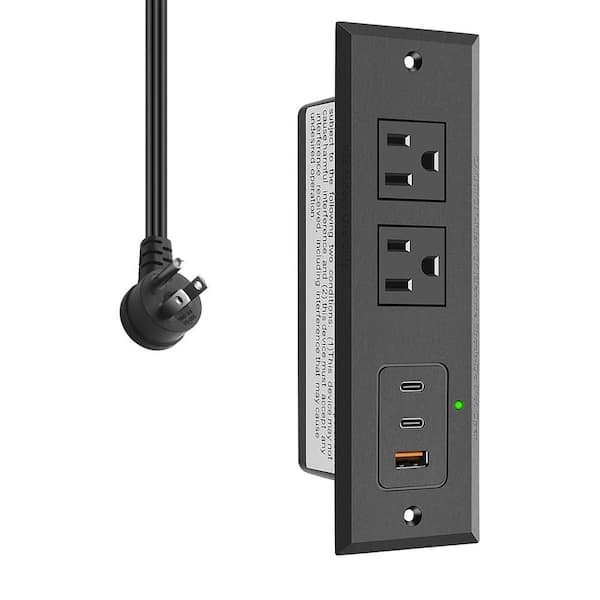 Recessed Power Strip with USB-C Ports Black Hidden Charging Station for Furniture Desk with Flat Plug Extension Cord
