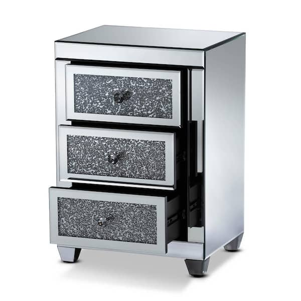 Baxton Studio Ralston 3 Drawer Mirrored and Sliver Nightstand 26