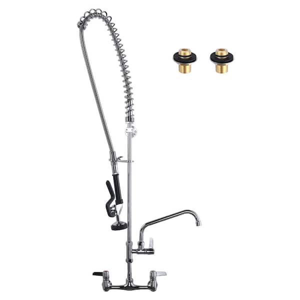 43 in. Commercial Wall Mount 3-Handle Brass Pull Down Sprayer Kitchen Faucet with Pre-Rinse Sprayer and Spout in Chrome