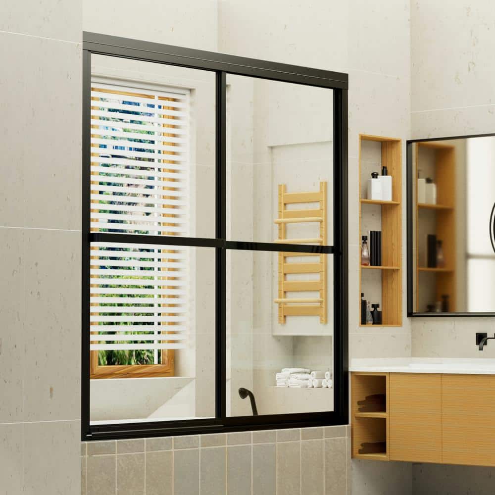 59.5 in. W x 56 in. H Sliding Tub Door in Matte Black with Clear Glass