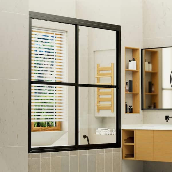 Unbranded 59.5 in. W x 56 in. H Sliding Tub Door in Matte Black with Clear Glass