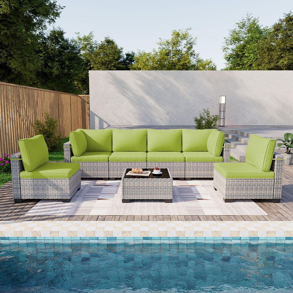 7-Piece Wicker Outdoor Sectional Set Sofa Couch with Grass Green Cushions price history on PriceWatchPro