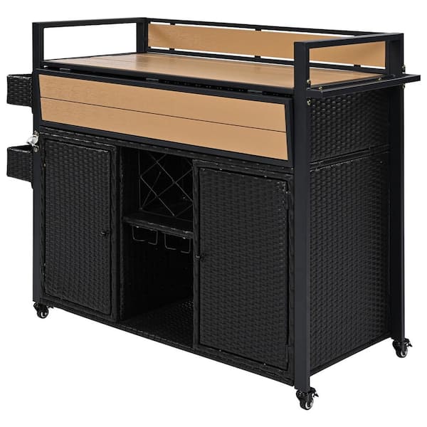 52.8 in. W Black Wicker Outdoor Grill Cart with Extended Plastic Wood Table Top and 4-Lockable Wheels
