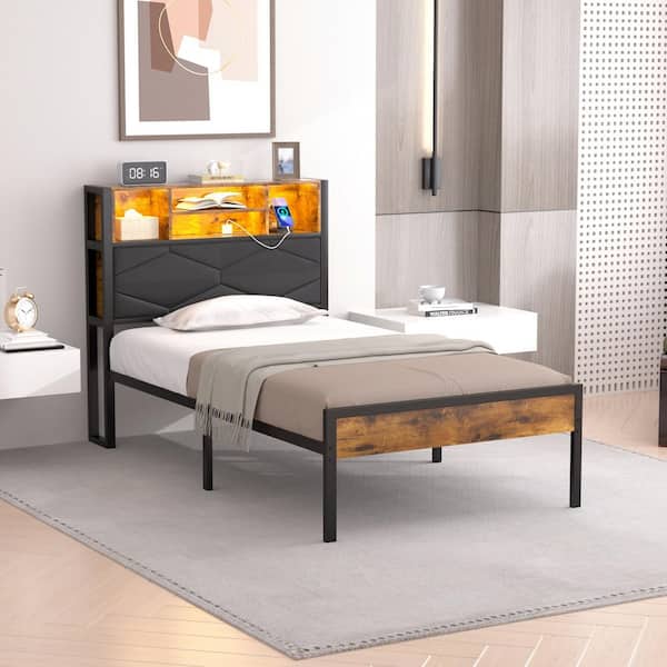 LED Bed Frame Brown Metal Frame Twin Platform Bed with Charging Station, Storage Headboard, USB and Outlets, Upholstered