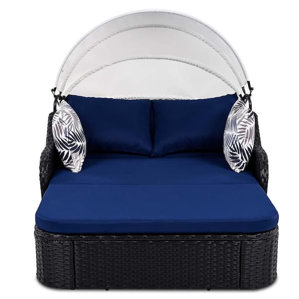 Unbranded Black Wicker Outdoor Day Bed with Blue Cushions, Outdoor Sunbed with Adjustable Canopy, Double lounge, Chaise Lounge