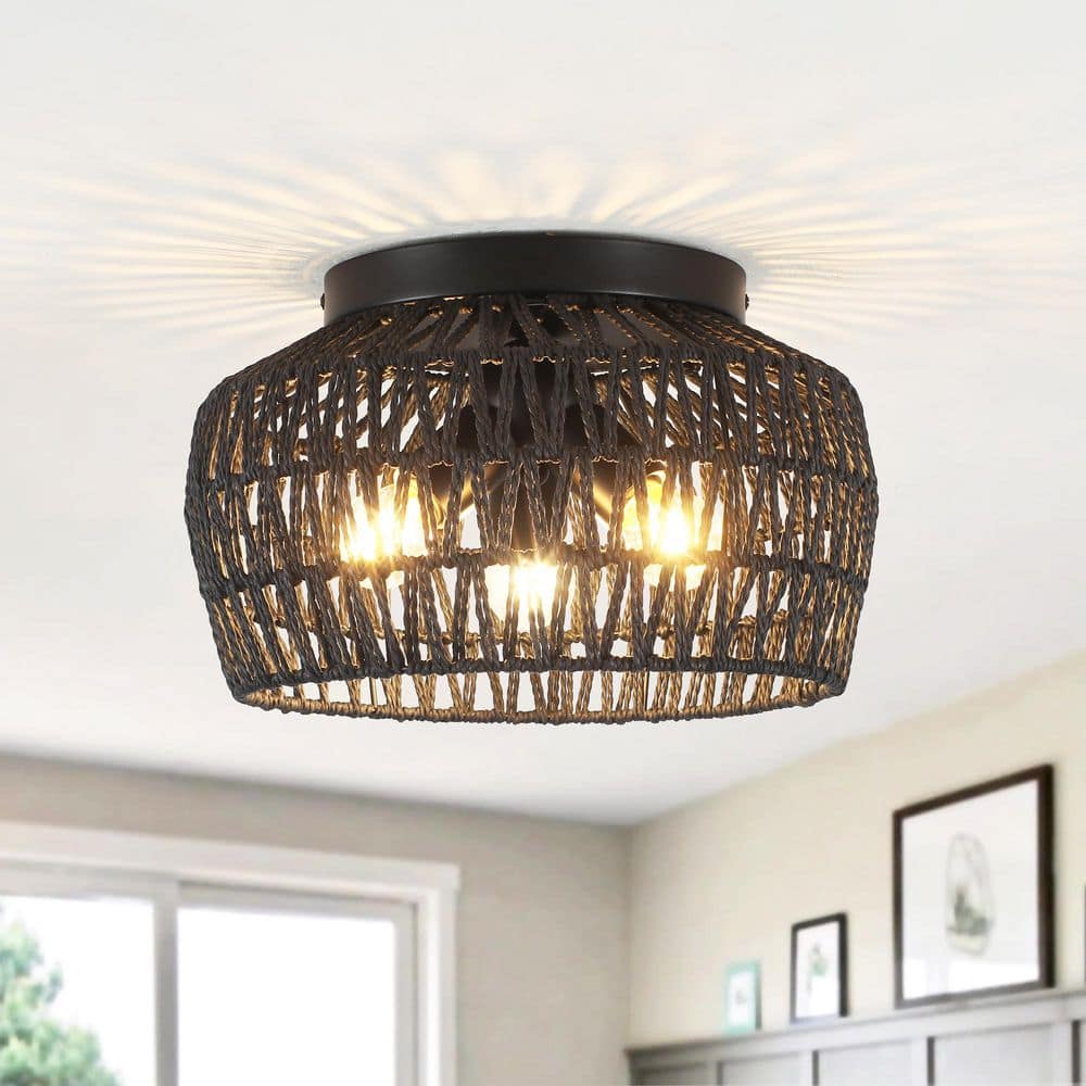 ZJVAIVE 12.6 in. 3-Light Matte Black Boho Rattan Semi Flush Mount ...