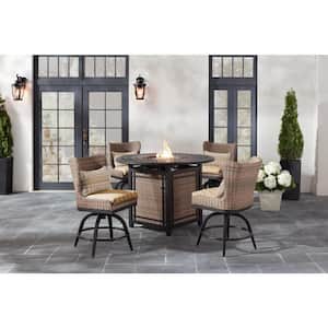 Hazelhurst 5-Piece Brown Wicker Outdoor Patio High Dining Fire Pit Set with CushionGuard Toffee Trellis Cushions
