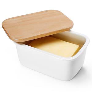 Large Butter Dish with Beech Wooden Lid - White, Set of 1