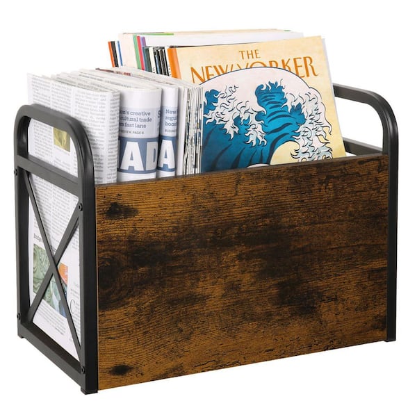 Wood Magazine Holder Rack Floor-Storage Basket for Books, Newspapers, Tablets, Brown, 14.17 in. x 7.48 in. x 10.43 in.