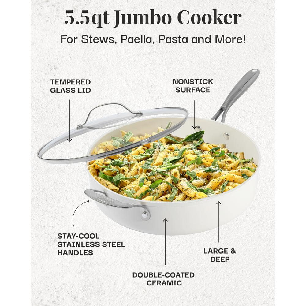 Cream Ultra Nonstick Aluminum 5.5 Qt Jumbo Cooker Pan with Lid