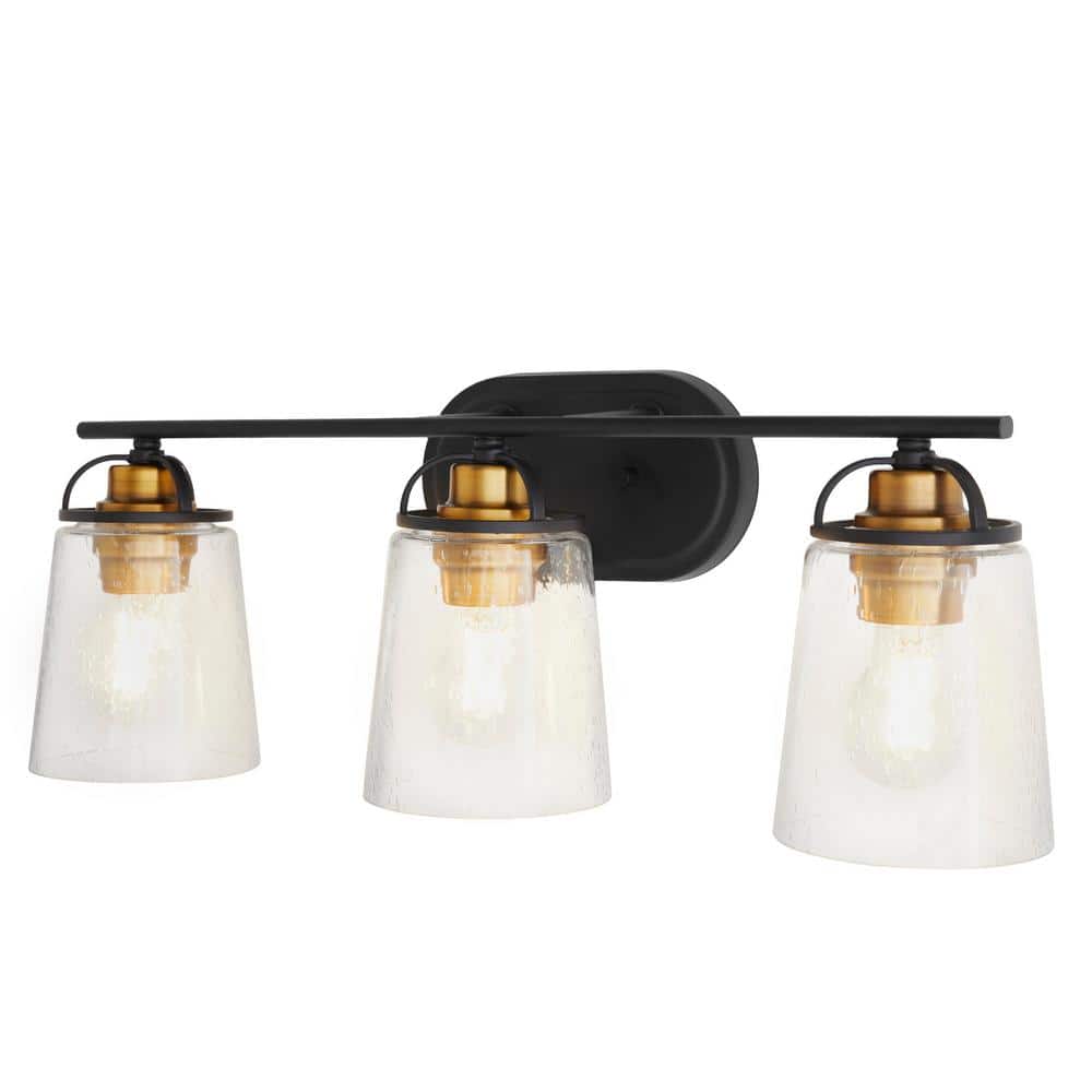 Home Decorators Collection Goddard 23.1825 in. 3-Light Bronze with Vintage Brass Industrial Bathroom Vanity Light Accents and Clear Seeded Glass