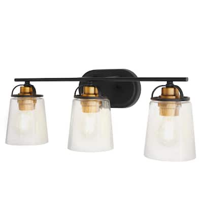 Goddard 23.1825 in. 3-Light Bronze with Vintage Brass Industrial Bathroom Vanity Light Accents and Clear Seeded Glass
