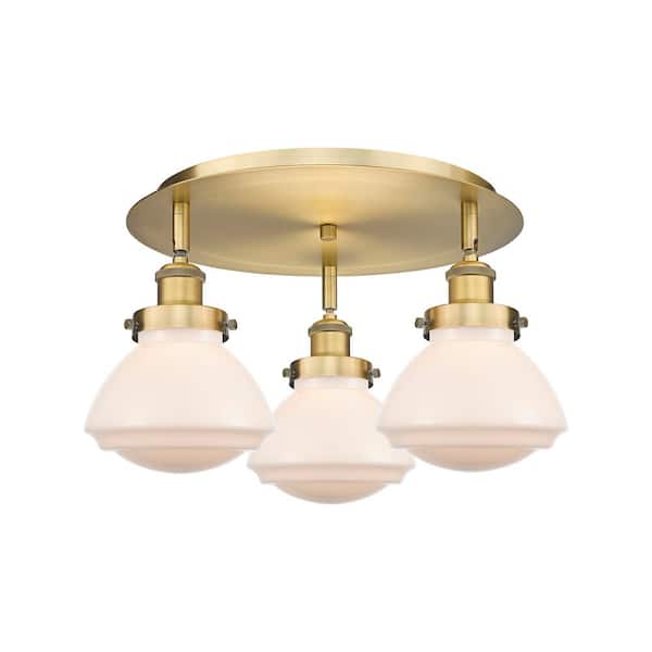 Olean 18.25 in. 3-Light Brushed Brass Art Nouveau Flush Mount with Seeded Glass Shade
