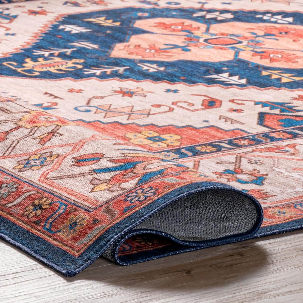 6' Round Red and Blue Oriental Synthetic Area Rug