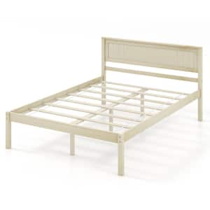 Beige Wood Frame Full Platform Bed with Headboard and Slat Support, No Box Spring Required
