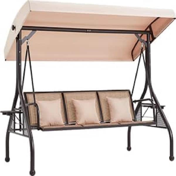 HOMMOW 3-Seat Outdoor Porch Metal Swing with Adjustable Canopy, Patio Canopy Swing Bed with Side Cup Holder, Brown Cushions