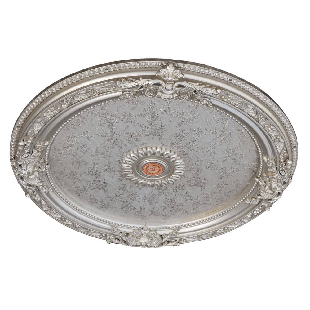 Antique Silver Round Chandelier Ceiling Medallion with Floral Design, 36 Inches
