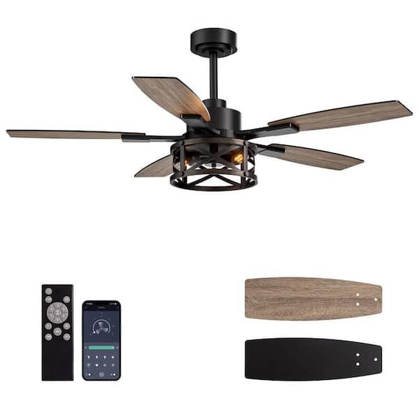 52 inch ceiling fan with light and remote, farmhouse black cage, LED, fits bedrooms living rooms, indoor and outdoor