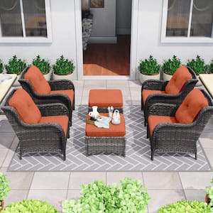 6-Piece Wicker Outdoor Patio Conversation Lounge Chair Set with Orange Cushions and Ottomans