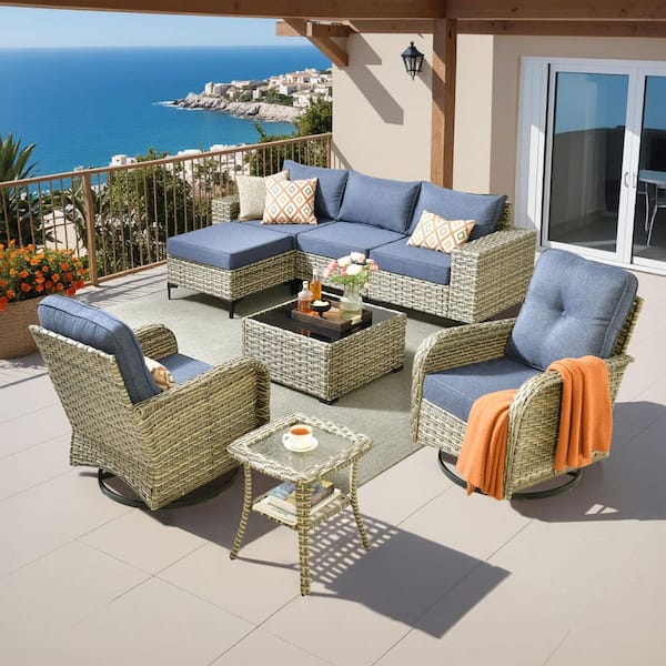 Verano 8-Piece Wicker Patio Conversation Sofa Seating Swivel Rocking Chairs Set with Ottoman and Denim Blue Cushions