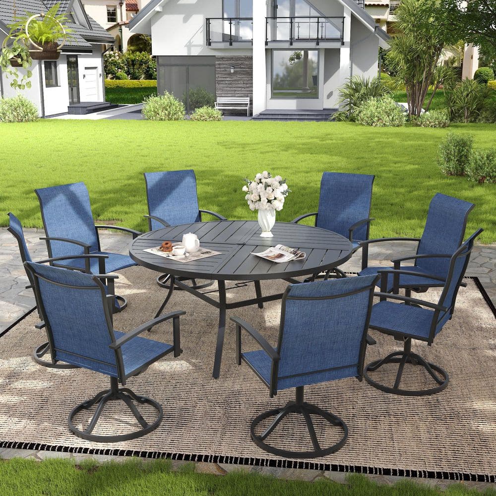 9-Piece Metal Outdoor Dining Set with 59.8 in. Black Round Dining Table and 8 Blue Textilene Swivel Patio Chairs price history on PriceWatchPro