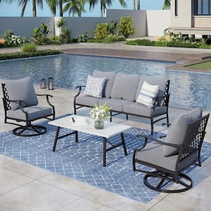 Metal 5 Seat 4-Piece Steel Outdoor Patio Conversation Set With Gray Cushions, Swivel Chairs and Marble Pattern Table