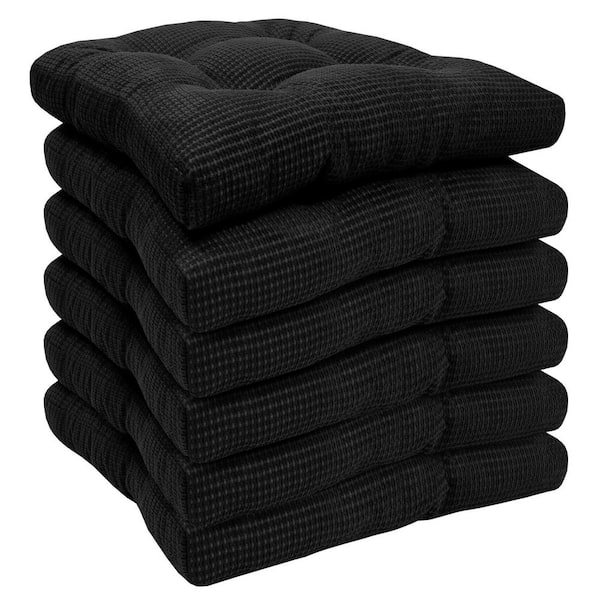 Sweet Home Collection Fluffy Tufted Memory Foam Square 16 in. x 16 in. Non-Slip Indoor/Outdoor Chair Cushion with Ties, Black (6-Pack)