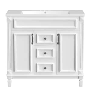35.1 in. W x 18.1 in. D x 34 in. H Freestanding Bath Vanity in White with White Resin Top Single Sink and Mirror Cabinet