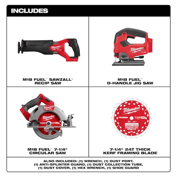 M18 FUEL 18V Lith-Ion Brushless Cordless 7-1/4 in. Circular Saw w/ Recip Saw & Jig Saw