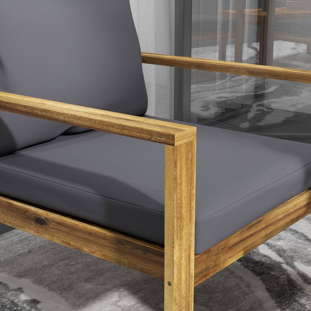 Acacia Wood 4-Piece Outdoor Patio Set with Gray Cushions