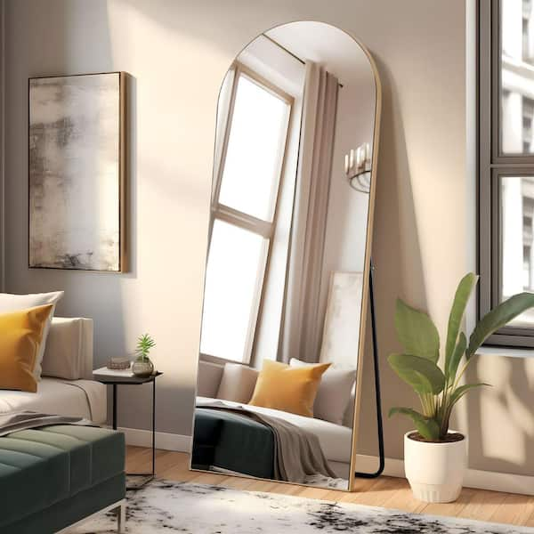 64 in. x 21 in. Modern Arched Framed Burlywood Standing Mirror Full ...