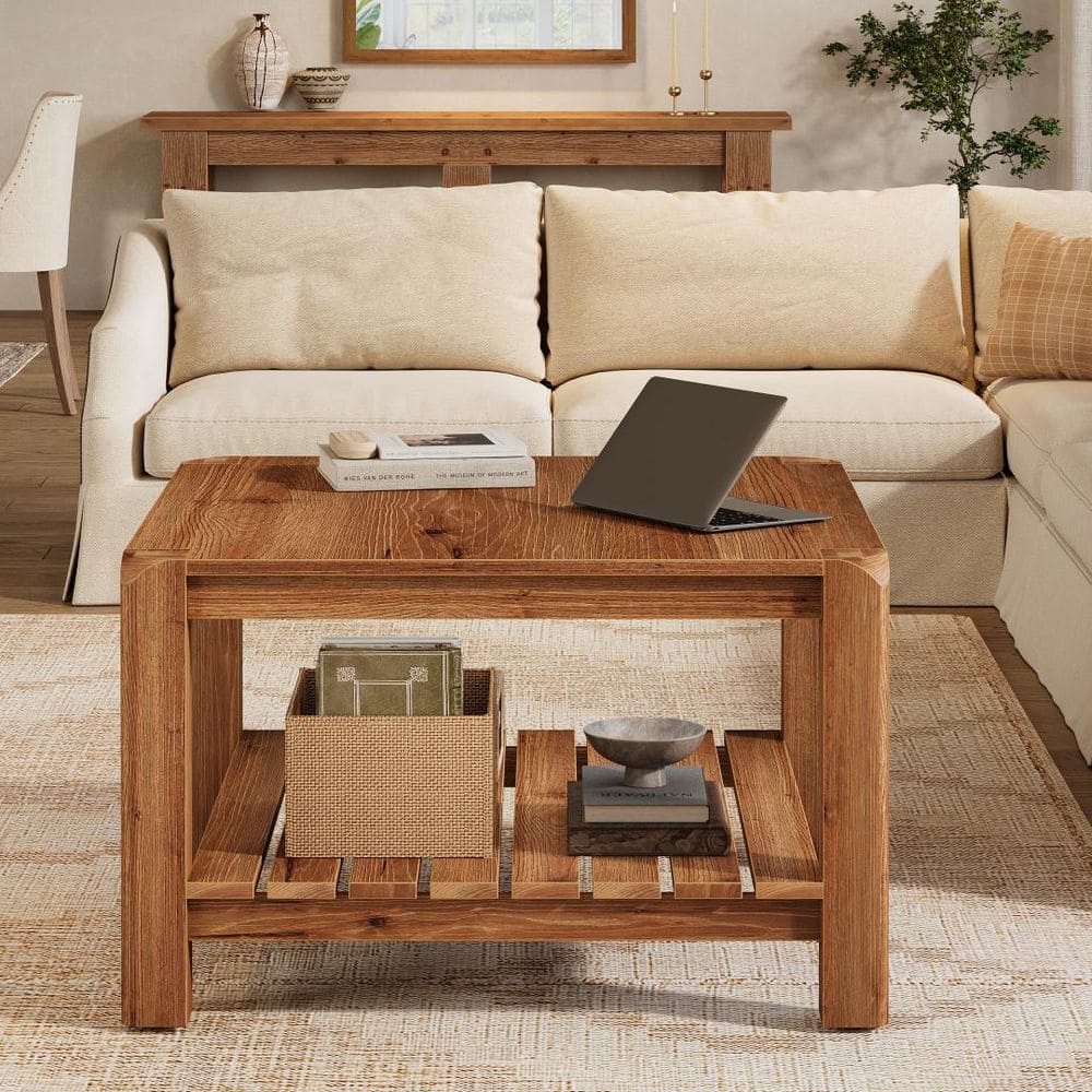 BYBLIGHT Brown 31.5 in. Solid Wood Square Coffee Table with Round Corner, Modern Rustic 2-Tier Center Table for Living Room Home