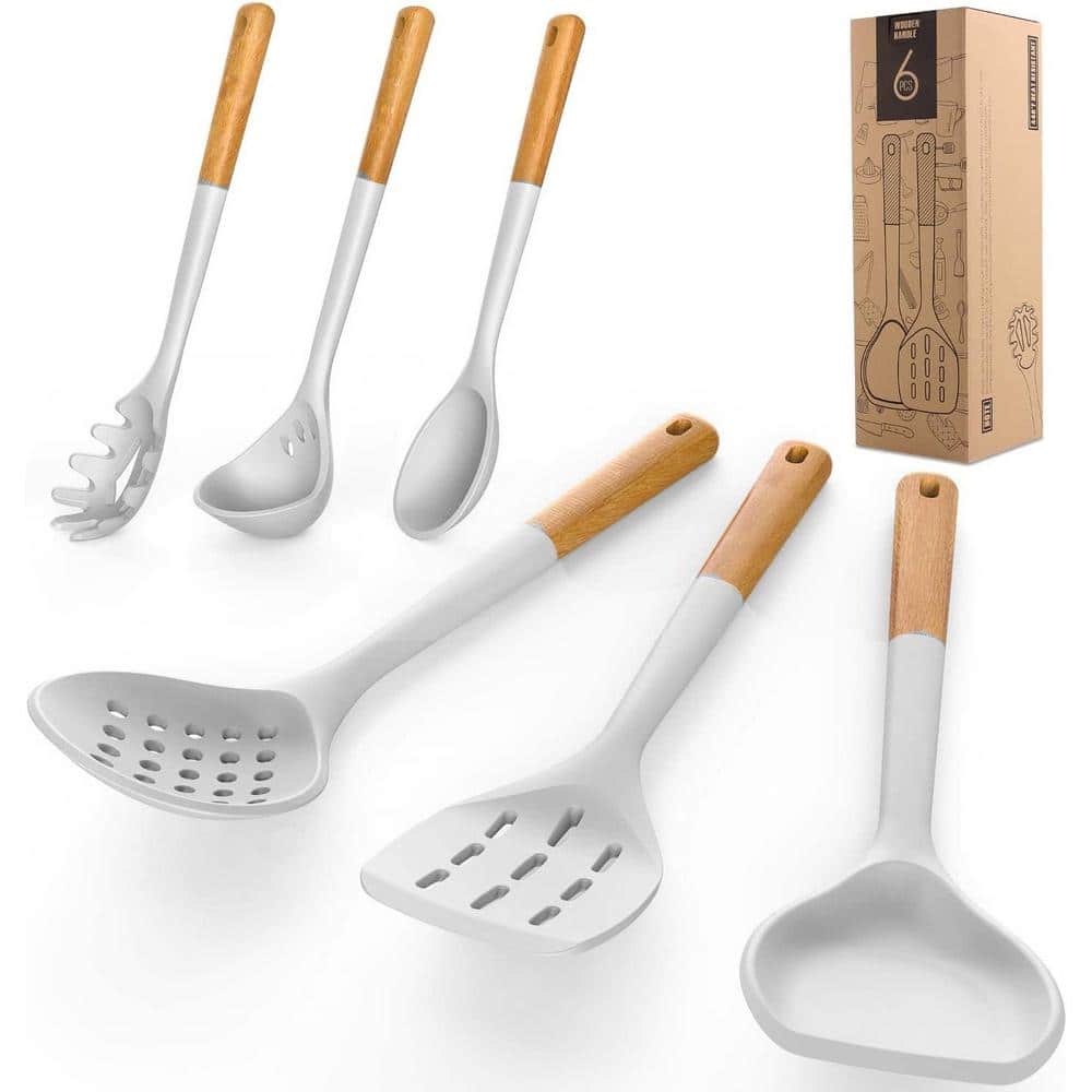 Cream White Silicone Cooking Utensils Set with Wooden Handles