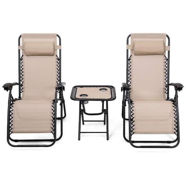 Boyel Living 3-Pieces Steel Frame Outdoor Patio Folding Portable Zero Gravity Reclining Chaise Lounges Chairs Table Set in Beige