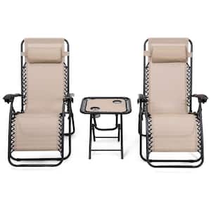 Metal Outdoor Lounge Zero Gravity Chairs in Beige Seat with 1 Side Table (2-Pack)