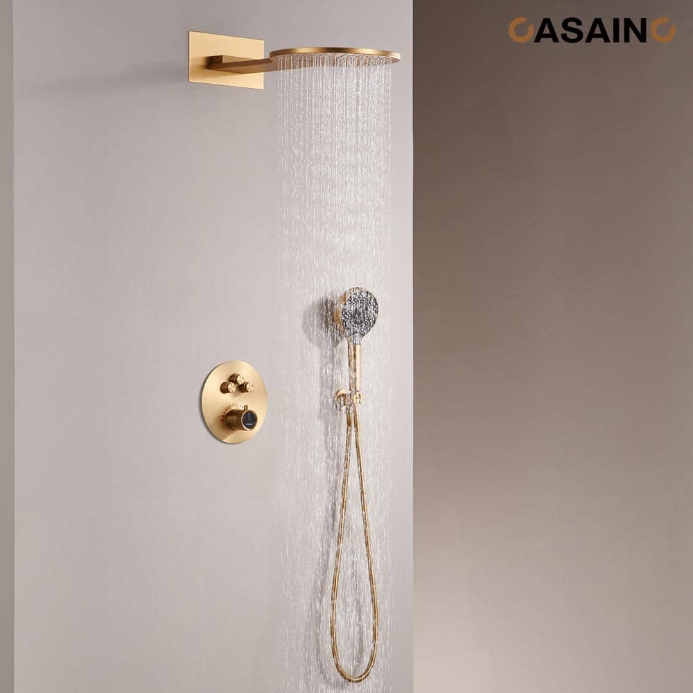 Brushed Gold Thermostatic Rainfall Shower System with Handheld