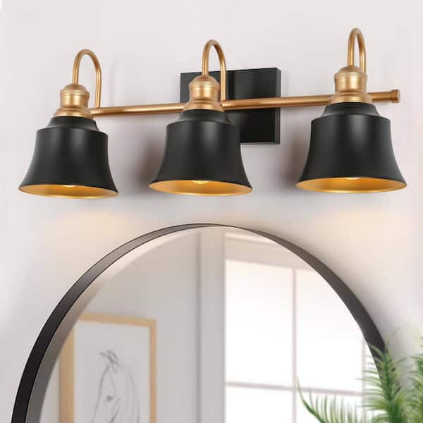 22.8 in. 3-Light Modern Transitional Black Brass Metal Bathroom Vanity Light With Bell Shades