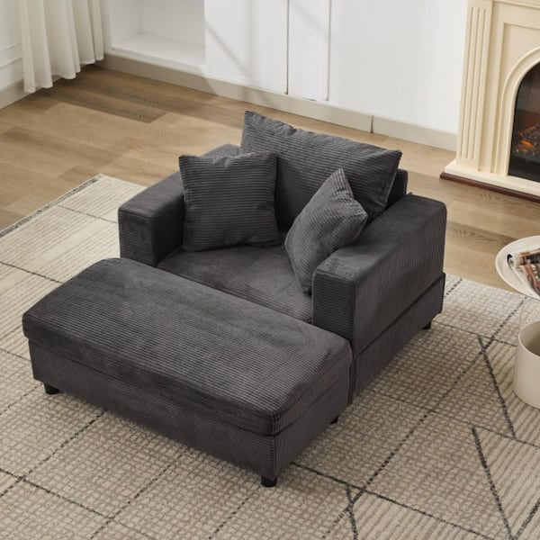 Pryden Modern 43 in. Dark Gray Corduroy Upholstered Twin Size Sofa Bed Square Armchair with Ottoman, Pillows