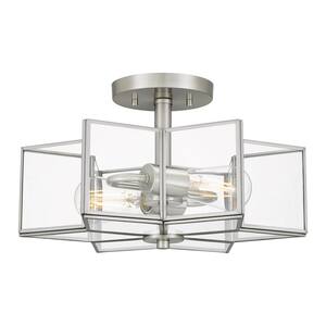 Calypso Heights 14.25 in. 2-Light Brushed Nickel Flush Mount with Clear Bound Glass