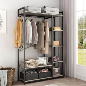 Light Ivory Wooden Clothes Rack with Metal Frame Closet Organizer Portable Garment Rack with 2 Storage Box & Side Hook