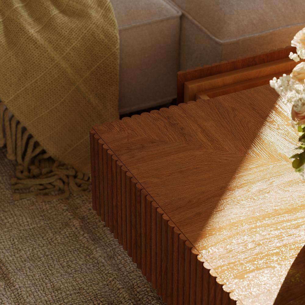 Close-up of the wood grain and fluted design of a table.
