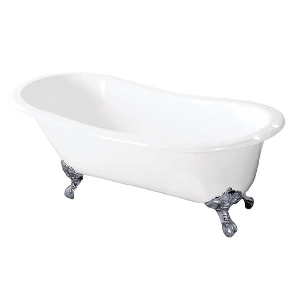 Aqua Eden 57 in. Cast Iron Slipper Clawfoot Bathtub in White with 7 in. Deck Holes, Feet in Polished Chrome