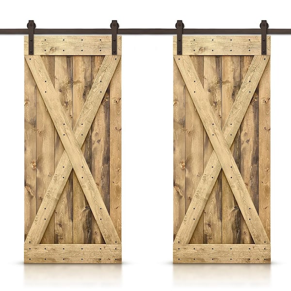 CALHOME X 92 in. x 84 in. Weather Oak Stained DIY Solid Pine Wood Interior Double Sliding Barn Door with Hardware Kit